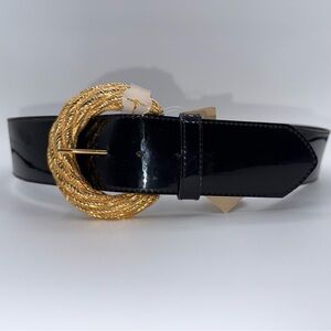 Vintage Accessories By Pearl Black Patent Leather Belt with Gold Buckle Sz L